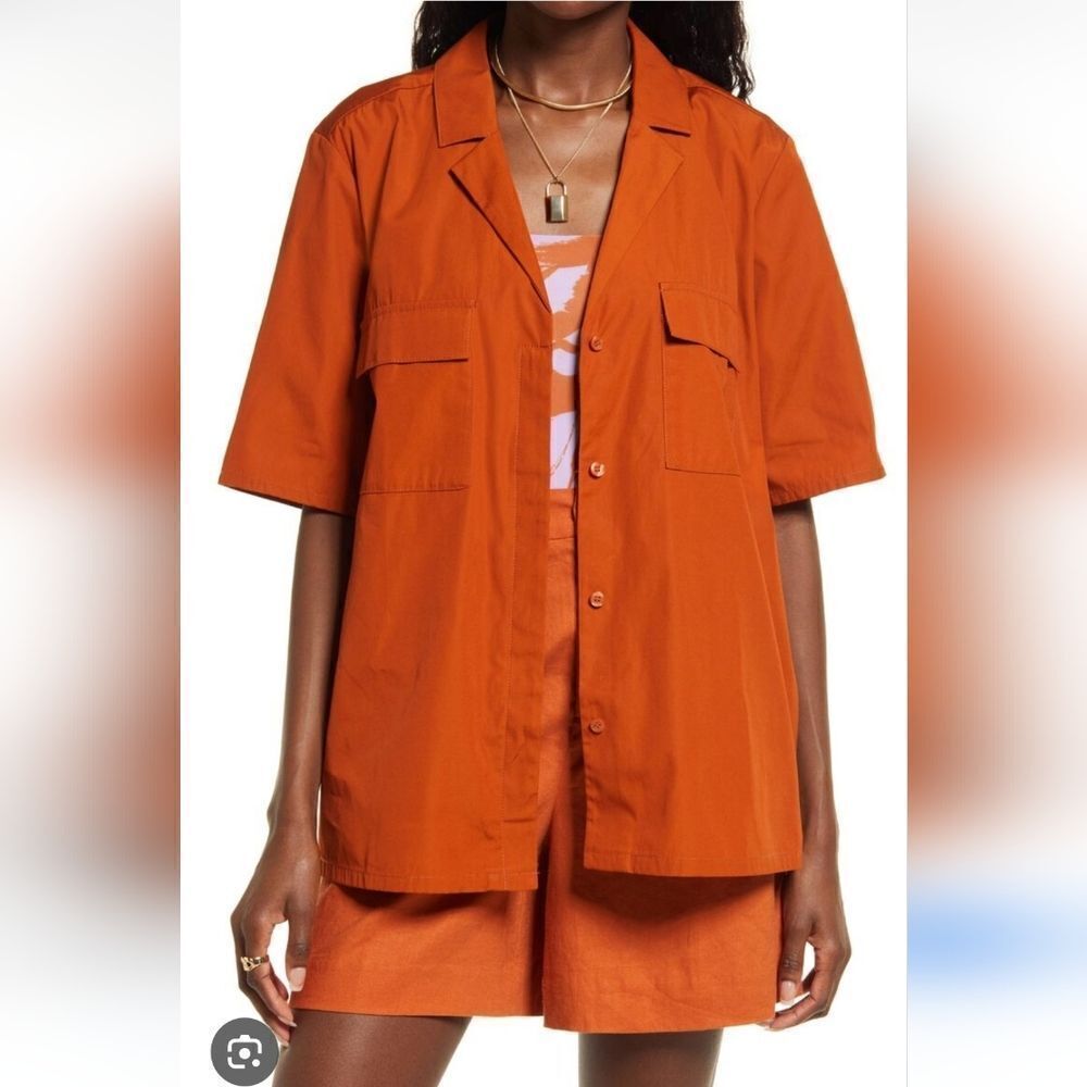 NWT Open Edit Button Down Casual Shirt Size Small In Rust Orange